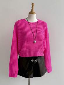 Chiquease 休闲纯色落肩宽松针织衫，秋冬季 - 玫紅色 - 查看 5