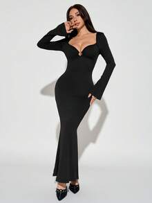 SHEIN PETITE Vestido elegante de unicolor con cuello corazón, manga larga, aro redondo, bajo de cola de pez, ajustado, escote bajo, vestido de cuello en V profundo, vestido largo negro, para mujeres petite - Negro - Ver 9