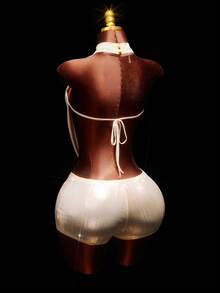 Amplova Mesh Deep Draped Neck Halter Backless PU Patchwork Bodysuit Sexy Outfits For Club - Pale Yellow - View 3
