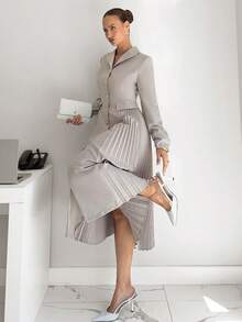 Siren Gaze Women's Solid Color Minimalist Long Sleeve Midi Dress, Casual Everyday Wear Office Dress For Women Dress Modest Long Sleeve Elegant Dress Corporate Dress Pleated Dresses For Women New Year Dress Elegant Dresses For Women Formal Dress Formal Dress For WomenOffice Attire Old Money Style Dress Hepburn-Style Pleated Suit Dress Winter Elegant Clothes For Women Dress Suits For Woman Winter Dress For Women Blazer Dress For Women - Nude - View 3