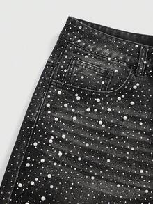 ROMWE MEN Street Life 男士珍珠钻石装饰宽松牛仔短裤 - 深灰色 - 查看 4