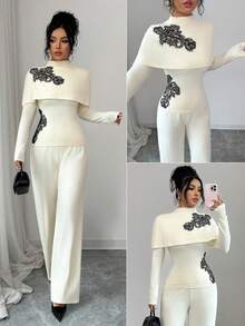 Elenzga 2pcs Women Elegant Embroidered Lace Long Sleeve Top And High Waist Casual Pants Set - Apricot - View 1