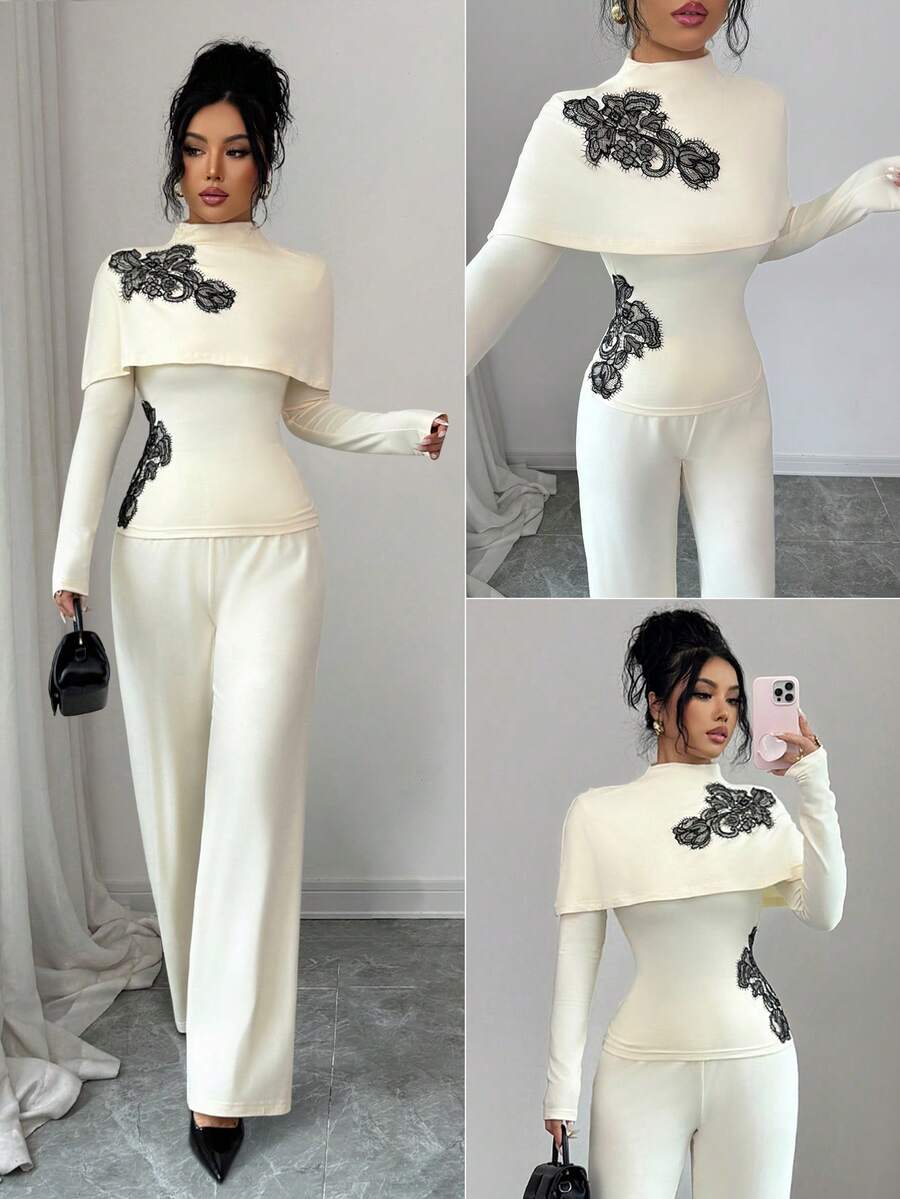 Elenzga 2pcs Women Elegant Embroidered Lace Long Sleeve Top And High Waist Casual Pants Set - Apricot - View 1