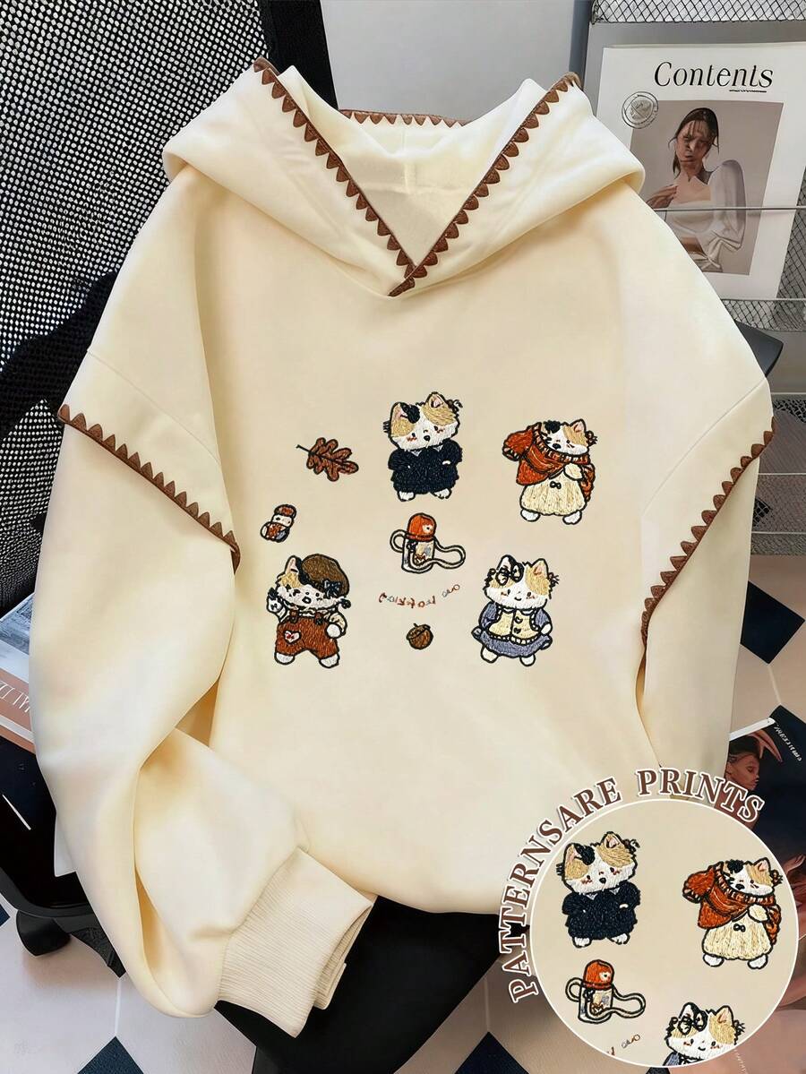 Resyla 女士卫衣 / 可爱小猫印花 / 休闲简约时尚卫衣 / 刺绣 / 时尚上衣 / 卡通卫衣 / 复古冬日卫衣 / 秋冬宽松圆领长袖连帽衫 / 女士春季套头衫、时尚卫衣、女士蕾丝边撞色连帽衫、长袖上衣、秋冬连帽衫 - 杏色 - 查看 1