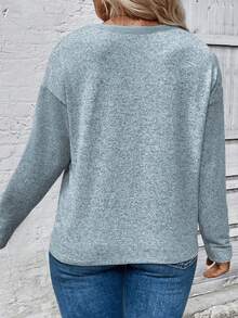 EMERY ROSE 新款休闲时尚浅蓝色长袖圆领爱心印花加大码T恤，秋冬款 - 藍色 - 查看 2