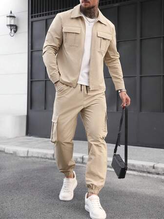 Manfinity Homme Men's Washed Crinkle Fabric Solid Color Multi-Pocket Zipper Suit, Suitable For Autumn And Winter Wear, Fashionable Fit, Suitable For Men's Casual, Vacation, Party, Chic Street, Office, Home, Simple And Versatile, Suitable For Self-Wear Or Gift To Friends Casual Two Piece Set Men Beige Men Outfit Khaki Outfit Men Sport Men Cargo Set Men Joggers Suit