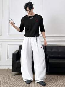 ESTAVOR 男士休闲T恤 针织纹理面料 刺绣图案 长袖圆领T恤 - 黑色 - 查看 8