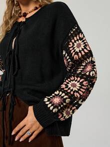 Freevana Áo khoác len cardigan đan móc dài tay buộc phía trước cho nữ, Thu/Đông - màu đen - Xem 2