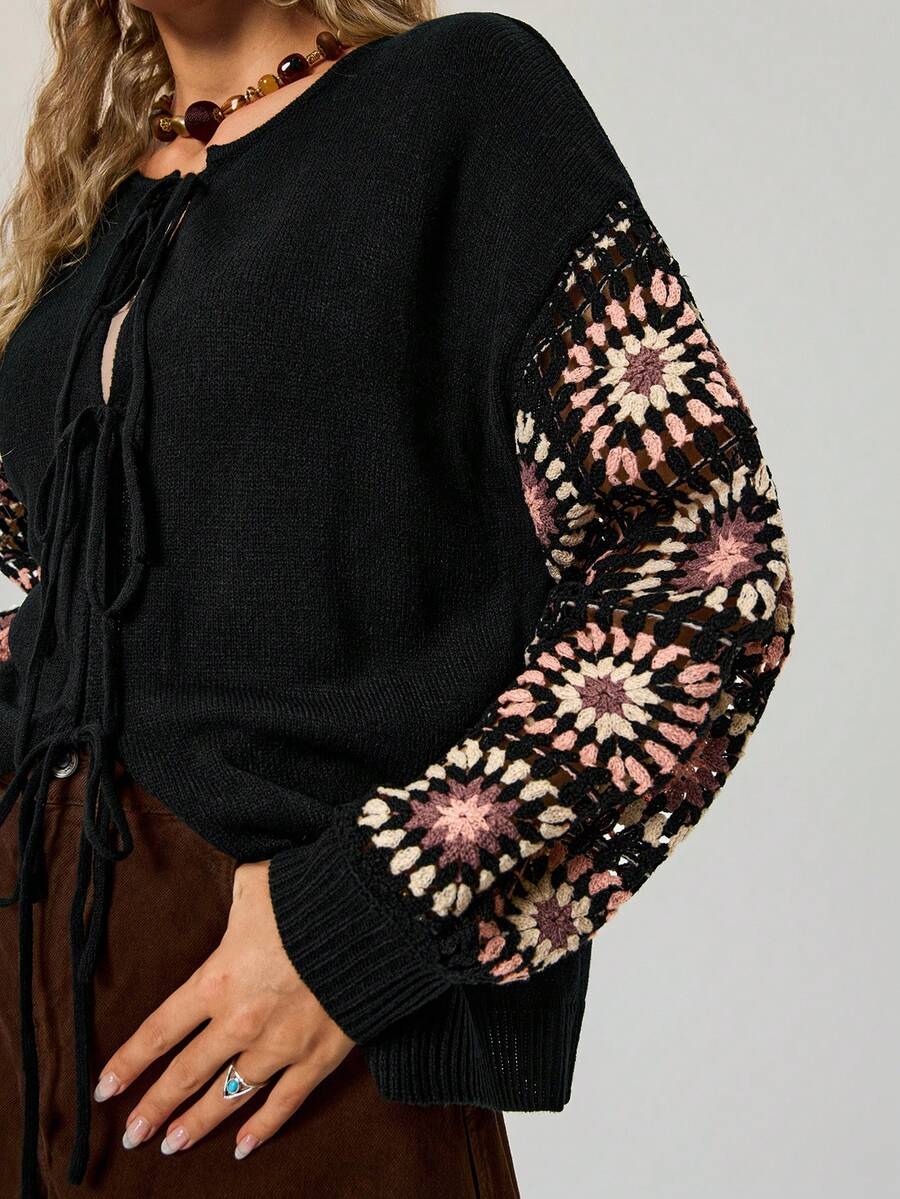 Freevana Áo khoác len cardigan đan móc dài tay buộc phía trước cho nữ, Thu/Đông