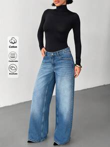 Jeans casuales y versátiles de tiro bajo, con bolsillos y pierna ancha para mujer - Azul lavado medio - Ver 3