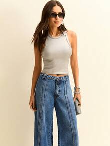Daynim Quần jeans ống rộng cạp cao, đường may phía trước, chất liệu trơn. - Rửa trung bình - Xem 6