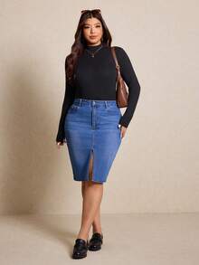 Elaquor 大码休闲水洗开衩修身牛仔裙 - 中等水洗藍 - 查看 6