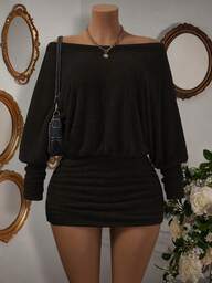 SHEIN LUNE Vestido casual de calle, fiesta y vacaciones con mangas largas transparentes y sexy, de estilo ajustado para mujer. Vestido ajustado de hombros descubiertos para damas.