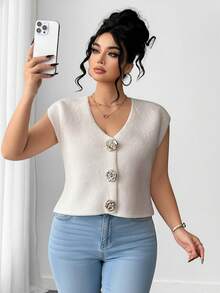 SHEIN PETITE CURVE Plus Size Casual Minimalistisk Mångsidig Vardagskläder Guldrosa Knapptröja - Beige - Visa 1