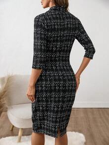 SHEIN Clasi N's Black And White Plaid Deep V-Neck 3/4 Sleeve Ruched Fitted Midi Dress,Elegant Office Autumn Wedding Guest Business Casual Dress - Black - View 2