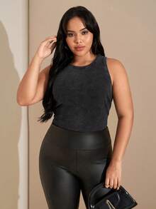 SHEIN Tall CURVE Damskie body dzianinowe w stylu vintage z efektem sprania, w dużym rozmiarze, z okrągłym dekoltem, bez rękawów, z marszczeniami w talii, dopasowane, letnie - Szary - Zobacz 4