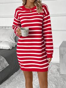SHEIN LUNE Casual Colorblock Striped Knit Dress, Autumn/Winter - Red - View 3