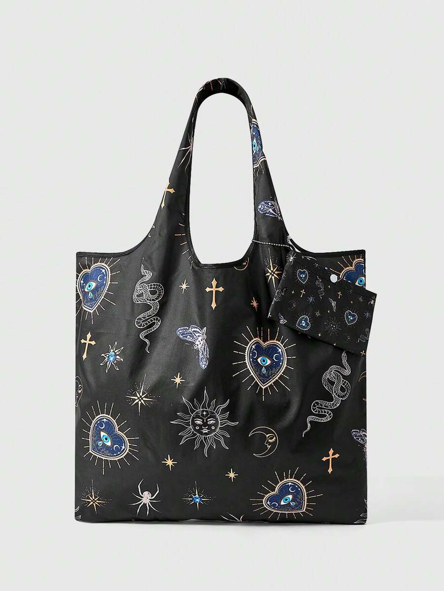 ROMWE Fairycore 1pc Foldable Cartoon Pentagram Printed Tote Bag For Women - Black - View 1