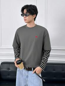 ESTAVOR Men's Graphic T-Shirt Striped Fabric Fake Two-Piece Round Neck Long-Sleeved T-Shirt - Grey - View 4