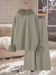 Linhara Plus Size Casual Solid Color Fuzzy Patchwork Cardigan & Knit Pants Set, Autumn/Winter - Mint Green - View 2