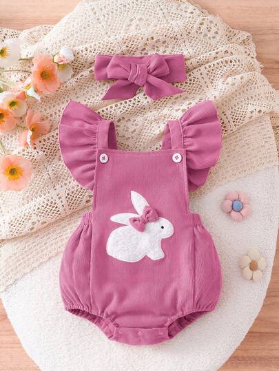 SHEIN Playful Pals 2pcs Baby Cute Rabbit Embroidery & Pom Pom Decor Sleeveless Bodysuit Set, Summer