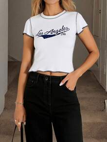 EURMUSE Woman Casual Short Seeve Contrast Stitch Detailed Crop T-Shirt Exposed Seam Round Neck Rib Knitting - White - View 1