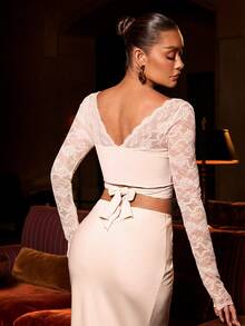 L'Amorae Women's Long Sleeve Lace Convertible Top - Apricot - View 6