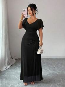 Elenzga 女士薰衣草色V领荷叶边袖腰部褶裥开衩连衣裙，优雅伴娘礼服，适合婚礼、派对、正式场合 - 黑色 - 查看 1