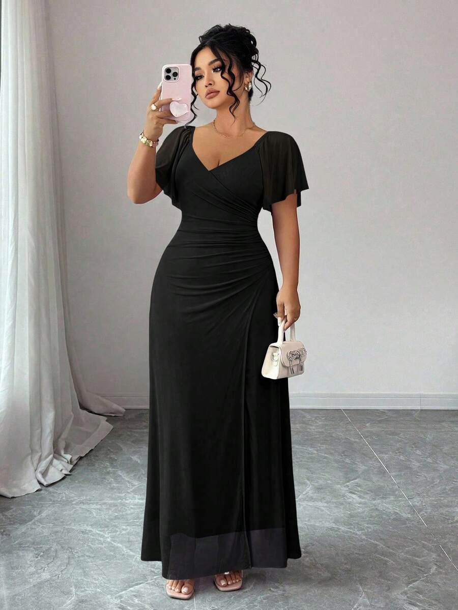 Elenzga 女士薰衣草色V领荷叶边袖腰部褶裥开衩连衣裙，优雅伴娘礼服，适合婚礼、派对、正式场合 - 黑色 - 查看 1