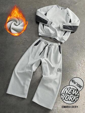 Manfinity Roghcode Conjunto de sudadera holgada con parches de color contrastante, bordado y tela esponjosa para hombre