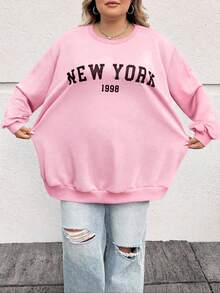 SHEIN CURVE+ 女士加大码休闲宽松纽约图案圆领长袖卫衣，秋冬季情人节款 - 粉色 - 查看 3
