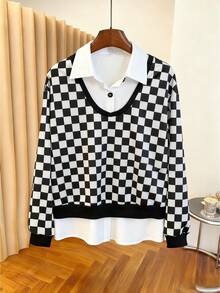 Resyla Women's New Fashion Houndstooth Patchwork White Collar Button Design 2 In 1 Sweatshirt, Retro Stylish Classic Versatile Casual Commuter Loose Fit Slimming Top, Spring Autumn Winter - Black and White - View 1