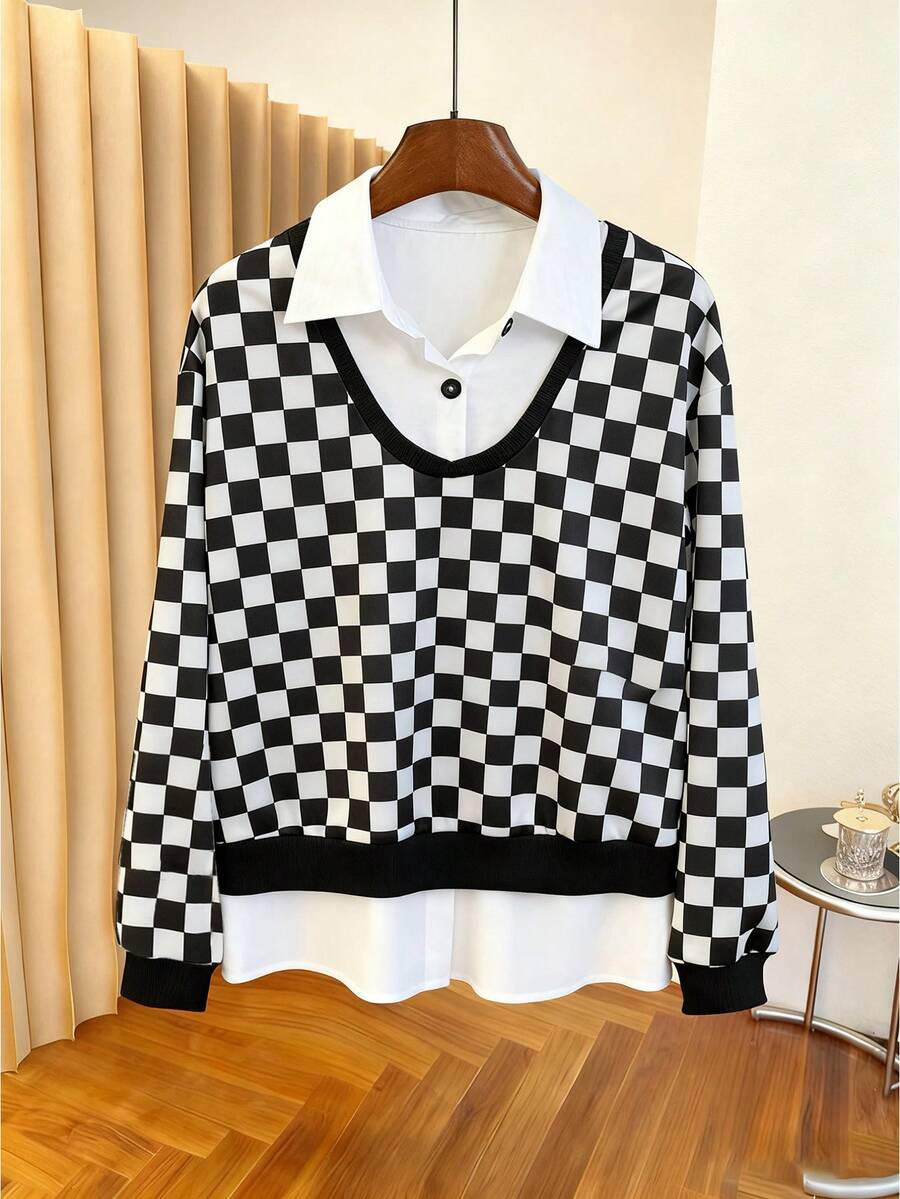 Resyla Women's New Fashion Houndstooth Patchwork White Collar Button Design 2 In 1 Sweatshirt, Retro Stylish Classic Versatile Casual Commuter Loose Fit Slimming Top, Spring Autumn Winter - Black and White - View 1
