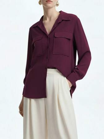 Aalyst Women Solid Color Button Front Long Sleeve Pocket Casual Shirt Fall Cloth For Women