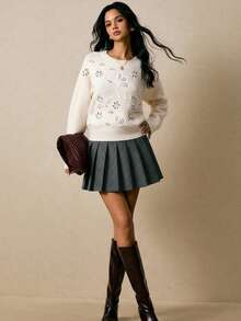 Poéselle Gray Pleated Skirt Pants,Grey Tweed Mini Skirt,Y2K,Gray Preppy Skirt Pants,Women's Solid Color Pleated Elegant Business Skort,Fall Women Outfits,Winter Women Clothes,Simple Fashion, Suitable For Daily, Street, Commuting, Dating And Other Occasions To Wear