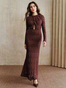Anewsta Women's Elegant Purple Round Neck Ruffle Waist Hollow Mermaid Hem Dress, Suitable For Elegant Party, Thanksgiving, New Year - Purple - View 4
