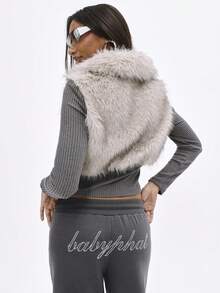 BABYPHAT Faux Fur Ribbed Cropped Cardigan With Rhinestone Logo Detail And Zipper Closure For Fall Winter Casual Layering - Multicolor - View 2