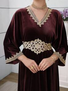 Al Najma 2025 New Fashionable V-Neck Luxury Embroidered Slimming Elegant Turkish Maxi Dress Kaftan Jalabiya Dress - Burgundy - View 7