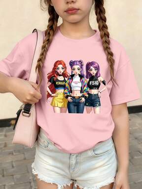 Tween Girl Pink Round Neck Short Sleeve Graphic Tee, Young Girl Casual Comfortable Fashion Minimalist Cartoon, Funny, Celebrity, Anime, K-POP Style Letter Print Graphic T-Shirt