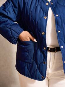 Elaquor Plus Size Solid Color Round Neck Front Button Closure Long Sleeve Warm Padded Coat, Casual For Winter