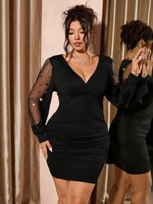 Cravure Plus Size Women's Elegant Sexy Black Valentine's Day Mini Skirt, Colorful Heart Mesh Splice Sleeves, Suitable For Daily, Party, Birthday, Bar, Dinner, Sexy And Elegant, Low-Key Charming Women's Dress, Autumn/Spring - Black - View 4