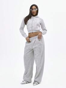 BABYPHAT Pantalones de chándal acampanados con cintura elástica, adornados con cristales de strass, para usar cómodamente en otoño e invierno - Gris Claro - Ver 1
