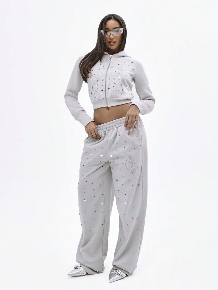 BABYPHAT Pantalones de chándal acampanados con cintura elástica, adornados con cristales de strass, para usar cómodamente en otoño e invierno - Gris Claro - Ver 1