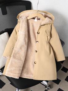 Genkimix Kids Young Girl Solid Color Long Sleeve Single-Breasted Casual Fleece Hooded Jacket, Autumn/Winter - Khaki - View 1