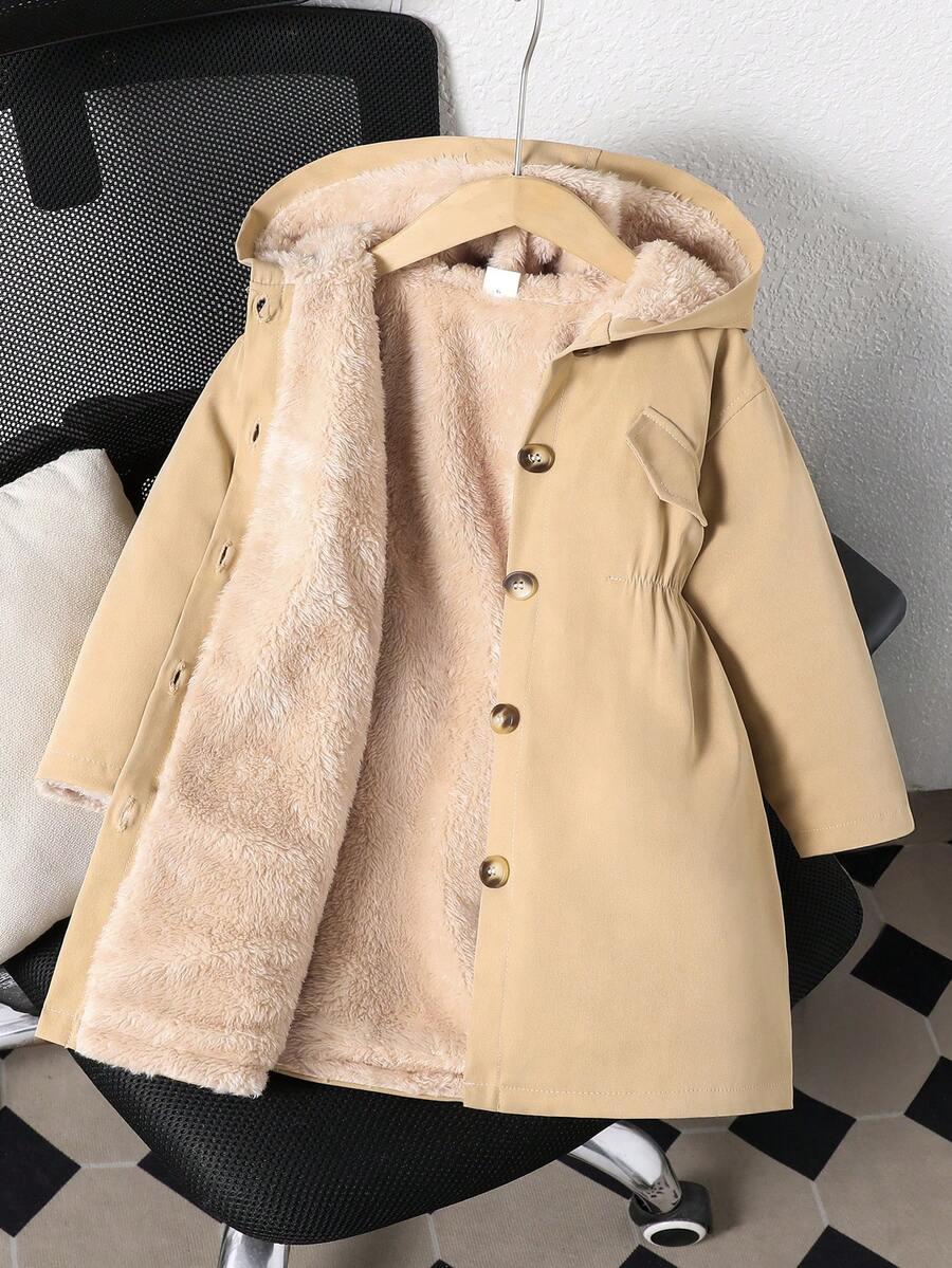 Genkimix Kids Young Girl Solid Color Long Sleeve Single-Breasted Casual Fleece Hooded Jacket, Autumn/Winter - Khaki - View 1