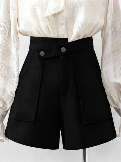 Airaco 大码女式纯色腰部纽扣设计口袋阔腿短裤