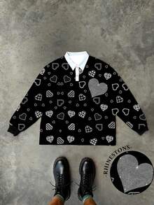 Manfinity Dauomo Men's Casual Heart Print Rhinestone Polo Shirt, Autumn - Black - View 1