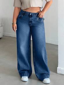 EURMUSE WOMEN HIGH WAISTWIDELEG CUTLINE PLUS SIZE JEAN - Medium Wash - View 4