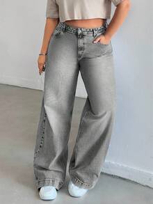 EURMUSE WOMEN HIGH WAISTWIDELEG CUTLINE PLUS SIZE JEAN - Grey - View 5