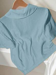 Franclia 时尚休闲宽松翻领半筒仿珍珠纽扣短袖白色春夏女式T恤衫，适合大学校园穿着 - 藍色 - 查看 2